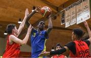 24 January 2018; Malik Thiam of Colaiste Einde Galway in action against Liam Scannell of Colaiste an Spioraid Naoimh during the Subway All-Ireland Schools U16B Boys Cup Final match between Colaiste Einde Galway and Colaiste an Spioraid Naoimh at the National Basketball Arena in Tallaght, Dublin. Photo by Eóin Noonan/Sportsfile