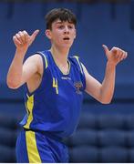 24 January 2018; James Webb of Colaiste Einde Galway celebrates after scoring a basket during the Subway All-Ireland Schools U16B Boys Cup Final match between Colaiste Einde Galway and Colaiste an Spioraid Naoimh at the National Basketball Arena in Tallaght, Dublin. Photo by Eóin Noonan/Sportsfile