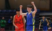 24 January 2018; James Webb of Colaiste Einde Galway celebrates at the buzzer during the Subway All-Ireland Schools U16B Boys Cup Final match between Colaiste Einde Galway and Colaiste an Spioraid Naoimh at the National Basketball Arena in Tallaght, Dublin. Photo by Eóin Noonan/Sportsfile