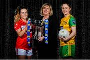 24 January 2018; Lidl Ireland today announced a third year of partnership with the Ladies Gaelic Football Association. The next phase of the campaign will see Lidl investing further in the LGFA where it matters most at local level and in the community. This is where #SeriousSupport is born and nurtured through the dedication of a local community. To celebrate their third year of partnership with the LGFA, Lidl have today launched their new 6-pack of Carrick Glen Active Spring Water. 10 cents from each purchase will fund jerseys and equipment for U-18, or under, LGFA club teams. Nominate your local Ladies Gaelic Football club to win in any Lidl store nationwide, or via Lidl's Facebook Page. Throughout the year, Lidl will run various initiatives to benefit all levels of Ladies Gaelic Football, following on from the successful Serious Starts Here campaign in 2017. The new branded Carrick Glen Active Spring Water packs will hit Lidl stores next week. Pictured is President of the Ladies Gaelic Football Association Maire Hickey, centre, with Ladies Footballers Orlagh Farmer of Cork, left, and Roisin Friel of Donegal, right, at Lidl Head Office, Tallaght, Dublin. Photo by Seb Daly/Sportsfile