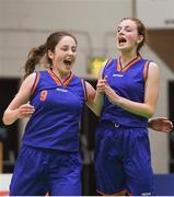 24 January 2018; Mary O'Connell, left, of Presentation SS Tralee celebrates with team mate Aisling O'Connell after the Subway All-Ireland Schools U16B Girls Cup Final match between Muckross Park College and Presentation SS Tralee at the National Basketball Arena in Tallaght, Dublin. Photo by Eóin Noonan/Sportsfile