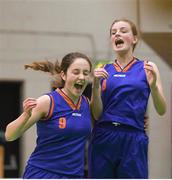 24 January 2018; Mary O'Connell, left, of Presentation SS Tralee celebrates with team mate Aisling O'Connell after the Subway All-Ireland Schools U16B Girls Cup Final match between Muckross Park College and Presentation SS Tralee at the National Basketball Arena in Tallaght, Dublin. Photo by Eóin Noonan/Sportsfile