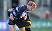 24 January 2018; Matthew Jungmann of Newpark Comprehensive is tackled by Zak Bursey of The King's Hospital during the Bank of Ireland Leinster Schools Vinnie Murray Cup Semi-Final match between Newpark Comprehensive and The Kings Hospital at Donnybrook Stadium in Dublin. Photo by Piaras Ó Mídheach/Sportsfile