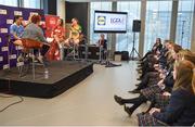 24 January 2018; Lidl Ireland today announced a third year of partnership with the Ladies Gaelic Football Association. The next phase of the campaign will see Lidl investing further in the LGFA where it matters most at local level and in the community. This is where #SeriousSupport is born and nurtured through the dedication of a local community. To celebrate their third year of partnership with the LGFA, Lidl have today launched their new 6-pack of Carrick Glen Active Spring Water. 10 cents from each purchase will fund jerseys and equipment for U-18, or under, LGFA club teams. Nominate your local Ladies Gaelic Football club to win in any Lidl store nationwide, or via Lidl's Facebook Page. Throughout the year, Lidl will run various initiatives to benefit all levels of Ladies Gaelic Football, following on from the successful Serious Starts Here campaign in 2017. The new branded Carrick Glen Active Spring Water packs will hit Lidl stores next week. Pictured is a general view of the panel and audience during a podcast, at Lidl Head Office, Tallaght, Dublin. Photo by Seb Daly/Sportsfile