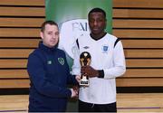 24 January 2018; Jordi Ebanda of DIT is presented with his with his Player of the Tournament award by Mark Scanlon, FAI, after the CUFL Men’s Futsal Finals at Waterford IT Arena in Waterford. Photo by Diarmuid Greene/Sportsfile
