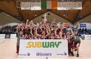 24 January 2018; St Pauls Oughterard players celebrate with the cup after the Subway All-Ireland Schools U19B Boys Cup Final match between St Pauls Oughterard and St Vincents Castleknock College at the National Basketball Arena in Tallaght, Dublin. Photo by Eóin Noonan/Sportsfile