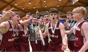 24 January 2018; St Pauls Oughterard players celebrate with the cup after the Subway All-Ireland Schools U19B Boys Cup Final match between St Pauls Oughterard and St Vincents Castleknock College at the National Basketball Arena in Tallaght, Dublin. Photo by Eóin Noonan/Sportsfile