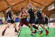 24 January 2018; Cian Monaghan of St Pauls Oughterard in action against David Nugent of St Vincents, cente, Jack Hensey, left, and Ronan Barrett of Castleknock College during the Subway All-Ireland Schools U19B Boys Cup Final match between St Pauls Oughterard and St Vincents Castleknock College at the National Basketball Arena in Tallaght, Dublin. Photo by Eóin Noonan/Sportsfile