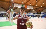 24 January 2018; St Pauls Oughterard captain and MVP Paul Kelly with the cup and his award after the Subway All-Ireland Schools U19B Boys Cup Final match between St Pauls Oughterard and St Vincents Castleknock College at the National Basketball Arena in Tallaght, Dublin. Photo by Eóin Noonan/Sportsfile
