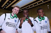 24 January 2018; DIT players Adam Harney, Evander Chatara, and Mohammed Kadiri celebrate with their medals after winning the CUFL Men’s Futsal Finals at Waterford IT Arena in Waterford. Photo by Diarmuid Greene/Sportsfile
