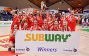 25 January 2018; The Scoil Chriost Rí team celebrate with the cup after the Subway All-Ireland Schools U16A Girls Cup Final match between Crescent Comprehensive, Limerick, and Scoil Chriost Rí, Portlaoise, Laois, at the National Basketball Arena in Tallaght, Dublin. Photo by Brendan Moran/Sportsfile