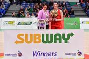 25 January 2018; Shauna Dooley of Scoil Chríost Rí is presented with the MVP by President of Basketball Ireland Theresa Walsh after the Subway All-Ireland Schools U16A Girls Cup Final match between Crescent Comprehensive, Limerick, and Scoil Chriost Rí, Portlaoise, Laois, at the National Basketball Arena in Tallaght, Dublin. Photo by Brendan Moran/Sportsfile