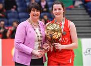 25 January 2018; Shauna Dooley of Scoil Chríost Rí is presented with the MVP by President of Basketball Ireland Theresa Walsh after the Subway All-Ireland Schools U16A Girls Cup Final match between Crescent Comprehensive, Limerick, and Scoil Chriost Rí, Portlaoise, Laois, at the National Basketball Arena in Tallaght, Dublin. Photo by Brendan Moran/Sportsfile