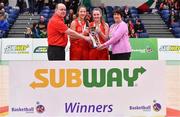 25 January 2018; Scoil Chriost Rí co-captains Jasmine Burke, 2nd left, and Sarah Fleming are presented with the cup by PJ Reidy, left, Basketball Ireland Post Primary Schools Executive and Basketball Ireland President Theresa Walsh after the Subway All-Ireland Schools U16A Girls Cup Final match between Crescent Comprehensive, Limerick, and Scoil Chriost Rí, Portlaoise, Laois, at the National Basketball Arena in Tallaght, Dublin. Photo by Brendan Moran/Sportsfile