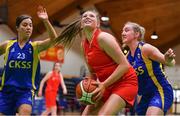 25 January 2018; Niamh Masterson of Colaiste Chiaráin in action against Ciara Kiely, left, and Aine Fitzgerald of Christ King SS during the Subway All-Ireland Schools U19A Girls Cup Final match between Christ King Cork and Colaiste Chiarain, Leixlip, Kildare, at the National Basketball Arena in Tallaght, Dublin. Photo by Brendan Moran/Sportsfile