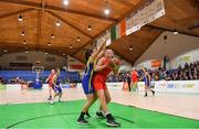 25 January 2018; Niamh Masterson of Colaiste Chiaráin is guarded by Niamh Braham of Christ King SS during the Subway All-Ireland Schools U19A Girls Cup Final match between Christ King Cork and Colaiste Chiarain, Leixlip, Kildare, at the National Basketball Arena in Tallaght, Dublin. Photo by Brendan Moran/Sportsfile