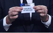 24 January 2018: The Republic of Ireland is drawn out of the pot during the UEFA Nations League Draw in Lausanne, Switzerland. Photo by Stephen McCarthy / UEFA via Sportsfile