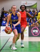 25 January 2018; Aine Fitzgerald of Christ King SS in action against Fatimah Akorede of Colaiste Chiaráin during the Subway All-Ireland Schools U19A Girls Cup Final match between Christ King Cork and Colaiste Chiarain, Leixlip, Kildare, at the National Basketball Arena in Tallaght, Dublin. Photo by Brendan Moran/Sportsfile