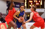 25 January 2018; Niamh Braham of Christ King SS in action against Fatimah Akorede, left, and Caoimhe Masterson of Colaiste Chiaráin during the Subway All-Ireland Schools U19A Girls Cup Final match between Christ King Cork and Colaiste Chiarain, Leixlip, Kildare, at the National Basketball Arena in Tallaght, Dublin. Photo by Brendan Moran/Sportsfile