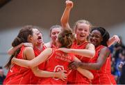 25 January 2018; Colaiste Chiarain players, including Ciara Mulleady, 2nd from right, and Fatimah Akorede, right celebrate after the Subway All-Ireland Schools U19A Girls Cup Final match between Christ King Cork and Colaiste Chiarain, Leixlip, Kildare, at the National Basketball Arena in Tallaght, Dublin. Photo by Brendan Moran/Sportsfile