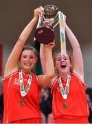 25 January 2018; Colaiste Chiarain co-captains Niamh Masterson, left, and Sorcha Tiernan lift the cup after the Subway All-Ireland Schools U19A Girls Cup Final match between Christ King Cork and Colaiste Chiarain, Leixlip, Kildare, at the National Basketball Arena in Tallaght, Dublin. Photo by Brendan Moran/Sportsfile