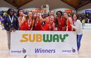 25 January 2018; The Colaiste Chiarain team celebrate with the cup after the Subway All-Ireland Schools U19A Girls Cup Final match between Christ King Cork and Colaiste Chiarain, Leixlip, Kildare, at the National Basketball Arena in Tallaght, Dublin. Photo by Brendan Moran/Sportsfile