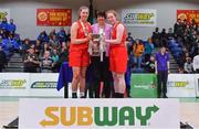 25 January 2018; Colaiste Chiarain co-captains Niamh Masterson, left, and Sorcha Tiernan are presented with the cup by President of Basketball Ireland Theresa Walsh after the Subway All-Ireland Schools U19A Girls Cup Final match between Christ King Cork and Colaiste Chiarain, Leixlip, Kildare, at the National Basketball Arena in Tallaght, Dublin. Photo by Brendan Moran/Sportsfile