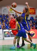 25 January 2018; Sorcha Tiernan of Colaiste Chiaráin in action against Natasha Bowdren and Ciara Kiely of Christ King SS during the Subway All-Ireland Schools U19A Girls Cup Final match between Christ King Cork and Colaiste Chiarain, Leixlip, Kildare, at the National Basketball Arena in Tallaght, Dublin. Photo by Brendan Moran/Sportsfile