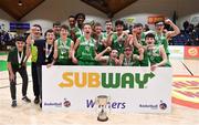 25 January 2018; St Malachy's team celebrate with the cup after the Subway All-Ireland Schools U16A Boys Cup Final match between St Mary's CBS The Green Tralee, Kerry, and St Malachy's, Belfast, Antrim, at the National Basketball Arena in Tallaght, Dublin. Photo by Brendan Moran/Sportsfile