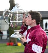 25 Jan25 January 2018; Jack Kennedy with the Thyestes Cup after winning the Goffs Thyestes Handicap Steeplechase with Monbeg Notorius at the Gowran Park Races in Gowran Park, Co Kilkenny. Photo by Matt Browne/Sportsfile