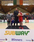 23 January 2018; Matthew Harper of Templeogue Collegel is presented with the MVP award by Templeogue and Ireland basketballer Jason Killeen following the Subway All-Ireland Schools U19A Boys Cup Final match between St Malachy's Belfast and Templeogue College at the National Basketball Arena in Tallaght, Dublin. Photo by David Fitzgerald/Sportsfile