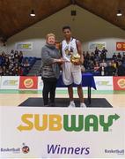 23 January 2018; Divine Akude of Sligo Grammar is presented with the MVP award by Maria O'Toole, head of PPSC, following the Subway All-Ireland Schools U16C Boys Cup Final match between Sligo Grammar and St Munchins Limerick at the National Basketball Arena in Tallaght, Dublin. Photo by David Fitzgerald/Sportsfile