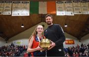 23 January 2018; Emma Mullins of St Colmcille's Community School is presented with the MVP award by Templeogue and Ireland basketballer Jason Killeen the Subway All-Ireland Schools U16C Girls Cup Final match between Jesus & Mary Gortnor Abbey and St Colmcilles Knocklyon at the National Basketball Arena in Tallaght, Dublin. Photo by David Fitzgerald/Sportsfile
