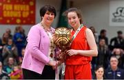 25 January 2018; Ciara Bracken of Colaiste Chiaráin is presented withh the MVP by President of Basketball Ireland Theresa Walsh after the Subway All-Ireland Schools U19A Girls Cup Final match between Christ King Cork and Colaiste Chiarain, Leixlip, Kildare, at the National Basketball Arena in Tallaght, Dublin. Photo by Brendan Moran/Sportsfile