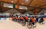 26 January 2018; The teams observe the national anthem prior to the Hula Hoops IWA Wheelchair Basketball Final match between Killester WBC and Ballybrack WBC at the National Basketball Arena in Tallaght, Dublin. Photo by Brendan Moran/Sportsfile