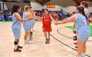 26 January 2018; Brunell captain Alex Macheta makes her way up to collect her runner's up medal after the Hula Hoops Under 20 Women’s National Cup Final match between Brunell and DCU Mercy at the National Basketball Arena in Tallaght, Dublin. Photo by Brendan Moran/Sportsfile