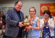 26 January 2018; Nicole Clancy of DCU Mercy is presented with the MVP by Basketball Ireland General Secretary Bernard O'Byrne after the Hula Hoops Under 20 Women’s National Cup Final match between Brunell and DCU Mercy at the National Basketball Arena in Tallaght, Dublin. Photo by Brendan Moran/Sportsfile