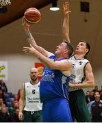 27 January 2018; Shane McCarthy of Blue Demons in action against Andrius Lekavicius of BC Leixlip Zalgiris during the Hula Hoops NICC Men’s National Cup Final match between Blue Demons and BC Leixlip Zalgiris at the National Basketball Arena in Tallaght, Dublin. Photo by Eóin Noonan/Sportsfile