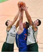 27 January 2018; Shane McCarthy of Blue Demons in action against Andrius Lekavicius, left and Marius Kasperavicius of BC Leixlip Zalgiris during the Hula Hoops NICC Men’s National Cup Final match between Blue Demons and BC Leixlip Zalgiris at the National Basketball Arena in Tallaght, Dublin. Photo by Eóin Noonan/Sportsfile