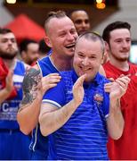 27 January 2018; Blue Demons captain Stuart Rodgers and head coach Troy O'Mahony celebrate after the Hula Hoops NICC Men’s National Cup Final match between Blue Demons and BC Leixlip Zalgiris at the National Basketball Arena in Tallaght, Dublin. Photo by Brendan Moran/Sportsfile
