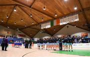 27 January 2018; Both teams stand for the National Anthem prior to the Hula Hoops Under 18 Women’s National Cup Final match between Glanmire and DCU Mercy at the National Basketball Arena in Tallaght, Dublin. Photo by Eóin Noonan/Sportsfile