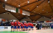 27 January 2018; Both teams stand for the National Anthem prior to the Hula Hoops NICC Men’s National Cup Final match between Blue Demons and BC Leixlip Zalgiris at the National Basketball Arena in Tallaght, Dublin. Photo by Eóin Noonan/Sportsfile