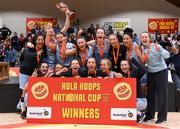 27 January 2018; DCU Mercy team celebrate with the cup after the Hula Hoops Under 18 Women’s National Cup Final match between Glanmire and DCU Mercy at the National Basketball Arena in Tallaght, Dublin. Photo by Eóin Noonan/Sportsfile