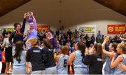 27 January 2018; DCU Mercy joint captains Elizabeth Black, left and Bronagh Power-Cassidy lift the cup after the Hula Hoops Under 18 Women’s National Cup Final match between Glanmire and DCU Mercy at the National Basketball Arena in Tallaght, Dublin. Photo by Eóin Noonan/Sportsfile