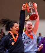 27 January 2018; DCU Mercy co-captains Elizabeth Black, left, and Bronagh Power-Cassidy of DCU Mercy lift the cup after the Hula Hoops Under 18 Women’s National Cup Final match between Glanmire and DCU Mercy at the National Basketball Arena in Tallaght, Dublin. Photo by Brendan Moran/Sportsfile