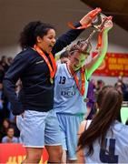27 January 2018; DCU Mercy co-captains Elizabeth Black, left, and Bronagh Power-Cassidy lift the cup after the Hula Hoops Under 18 Women’s National Cup Final match between Glanmire and DCU Mercy at the National Basketball Arena in Tallaght, Dublin. Photo by Brendan Moran/Sportsfile