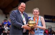 27 January 2018; Bronagh Power-Cassidy of DCU Mercy is presented with the MVP by Basketball Ireland General Secretary Bernard O'Byrne after the Hula Hoops Under 18 Women’s National Cup Final match between Glanmire and DCU Mercy at the National Basketball Arena in Tallaght, Dublin. Photo by Brendan Moran/Sportsfile