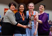 27 January 2018; DCU Mercy co-captains Elizabeth Black, 2nd left, and Bronagh Power-Cassidy of DCU Mercy are presented with the cup by President of Basketball Ireland Theresa Walsh, left, and Orla Rooney, NABC Member, after the Hula Hoops Under 18 Women’s National Cup Final match between Glanmire and DCU Mercy at the National Basketball Arena in Tallaght, Dublin. Photo by Brendan Moran/Sportsfile