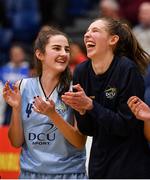 27 January 2018; Fiona O'Grady of DCU Mercy shares a joke with team mate Melissa Kelly after the Hula Hoops Under 18 Women’s National Cup Final match between Glanmire and DCU Mercy at the National Basketball Arena in Tallaght, Dublin. Photo by Eóin Noonan/Sportsfile