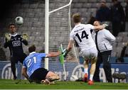27 January 2018; Daniel Flynn of Kildare, right, shoots to score his side's first goal of the game past Stephen Cluxton of Dublin during the Allianz Football League Division 1 Round 1 match between Dublin and Kildare at Croke Park in Dublin. Photo by Seb Daly/Sportsfile